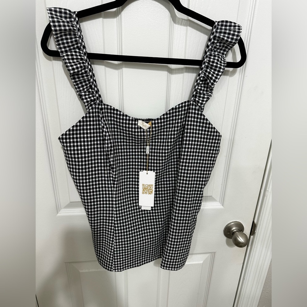 NWT Belle Poque Black and White Gingham Ruffle Strap Sweetheart Neck Women's Top
